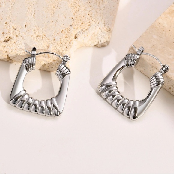 Silver Square Hoop Earrings*Rectangle Hoop Huggie*Cleo*Minimalist Dainty*ML - Picture 3 of 6